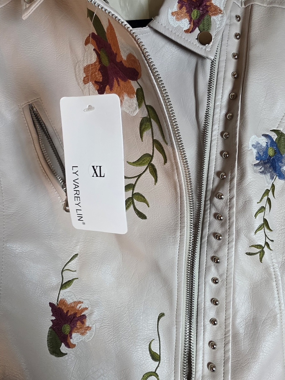 LV Varey Lin Floral Embroidered Moto Jacket Cream Studded Faux Leather XL NWT - Picture 8 of 10